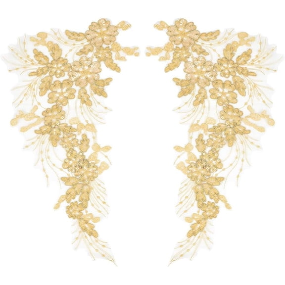 3D Sequin Lace Applique Embroidery Sew on Leaf Flowers Collar Trim Patch Floral Motif Fabric Craft Decoration Patches for Sewing Wedding DIY Clothes Dress Pants Jeans Bag Garments Gold