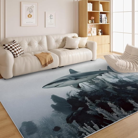 3D Shark Area Rug - Modern Ocean Themed Rug For Living Room, Grey Funny Marine Life Rugs For Teens Boys, Soft Non-Slip Vintage Sea Animals Fish Bedroom Rugs Carpet 4x6ft