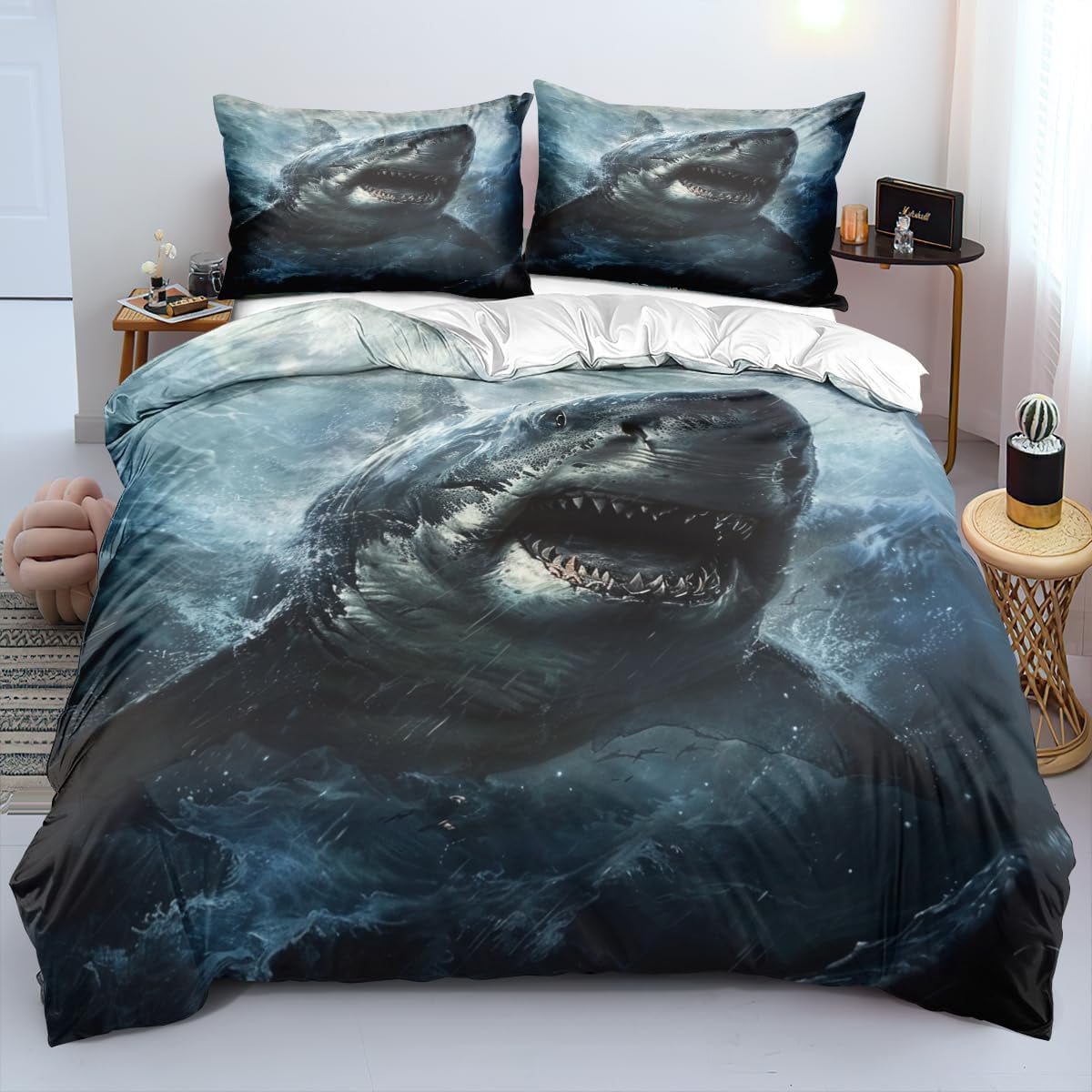 3D Shark Duvet Cover 68x90 inch Size Fierce Bedding Set Deep Sea Sharks