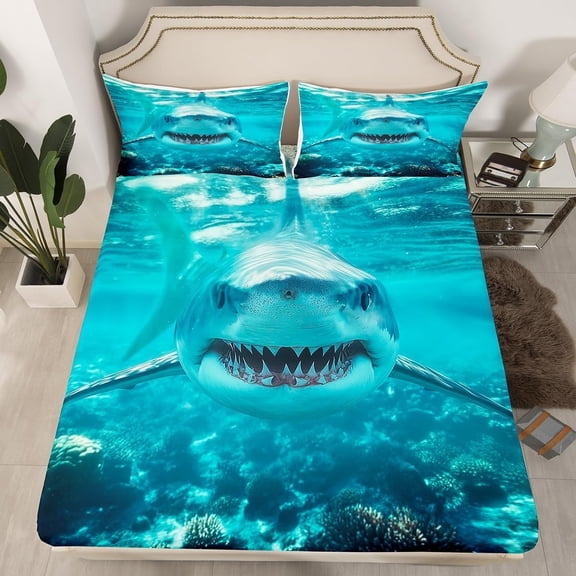 3D Shark Fitted Sheet for Kids Boys Teens Marine Life Ocean Shark Sheet Set Nautical Sea Underwater Bedding Aquatic Animal Bed Sheet Set, Room Decor 3Pcs Sheets Full Size, Blue White(No Flat Sheet)