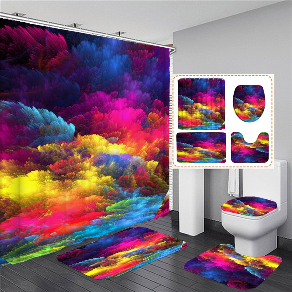 3D Shower Curtains Set with Colorful Bath Mat Pedestal Rug Waterproof Fabric Bathroom Curtain Non-slip Carpet Toilet Cover