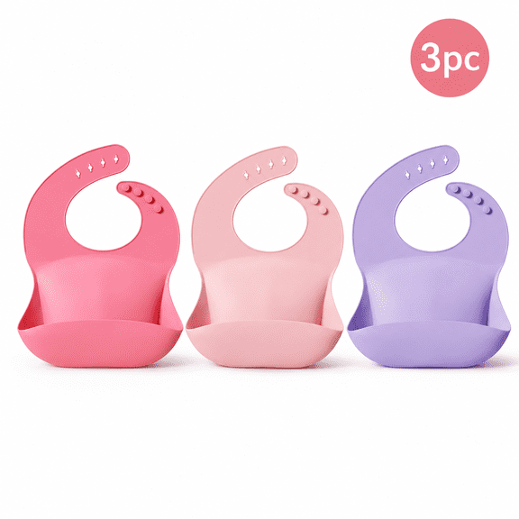 3D Silicone Feeding Bib 3-Pack, Lightweight Waterproof Deep Pocket Catch-All Bib, Foldable Soft Silicone Infant Meal Bib for Home Travel Use