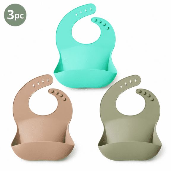 3D Silicone Feeding Bib 3-Pack, Lightweight Waterproof Deep Pocket Catch-All Bib, Foldable Soft Silicone Infant Meal Bib for Home Travel Use