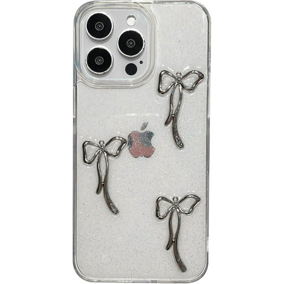 3D Silver Bows Clear Soft Phone Case Compatible with iPhone Case (Silver,iPhone 14)