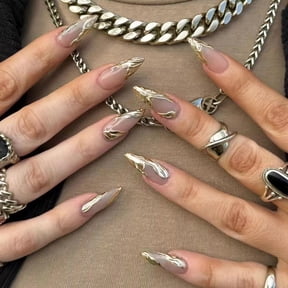 3D Silver French Press on Nails Medium Almond Fake Nails Irregular Pattern Design Glue DIY 24 Pcs