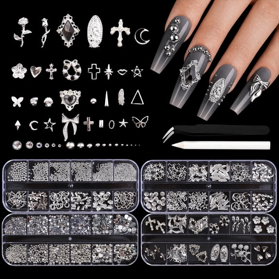 4 Boxes Silver Nail Charms and Gems Set, Y2k Gothic Nail Gems Nail Pearls Nail Rhinestones Goth, 3D Cross Butterfly Star Bow Nail Art Charms for Nails,Nails Decor Halloween Birthday Gift