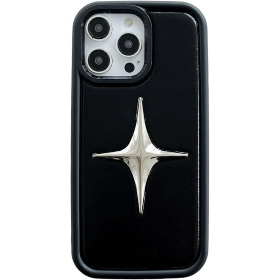 3D Silver Star Black Leather Case Compatible with iPhone 13 Pro Max,Cool Christian Metallic Cross Trendy Design One Piece Slim Protective Cover for i Phone 13promax 6.7inch
