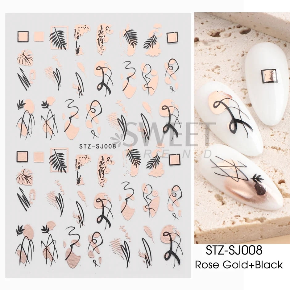 3D Simple Lines Nail Stickers Rose Gold Metal Stripe Letters Decals