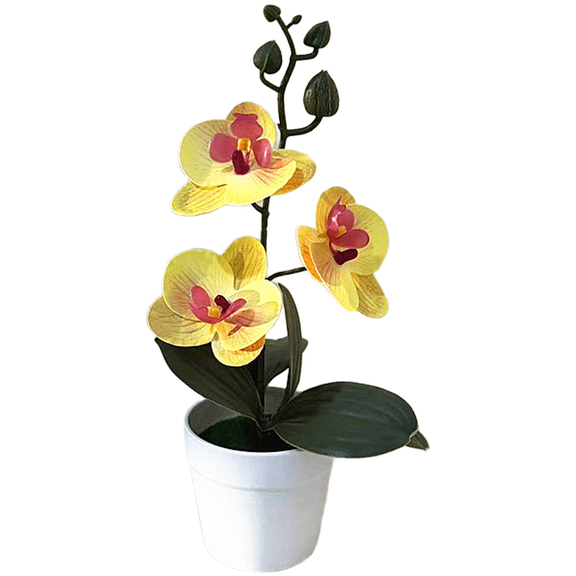 3D Simulation Phalaenopsis Orchid Bonsai Artificial Flower In Transparent Grid Pot, Lifelike Synthetic Plant For Home Decor, Photography Props And Indoor Office Display(Yellow)