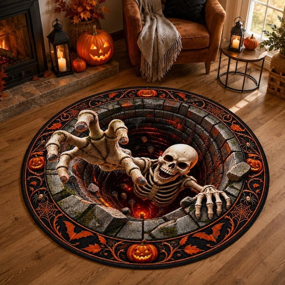 Round Skeleton Rug 3D Skeleton Optical Illusion Round Rug,Scary Skeleton Ghost Black Cat ...