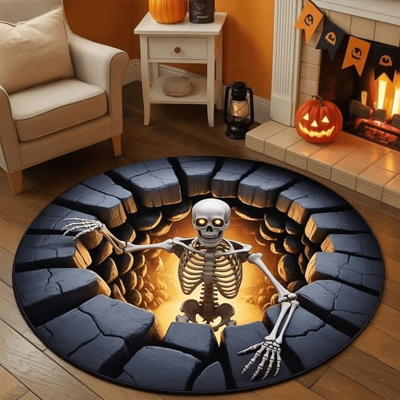 3D Skeleton Round Rug, Halloween Scary Skeleton Carpet, Spooky Illusion Floor Mat