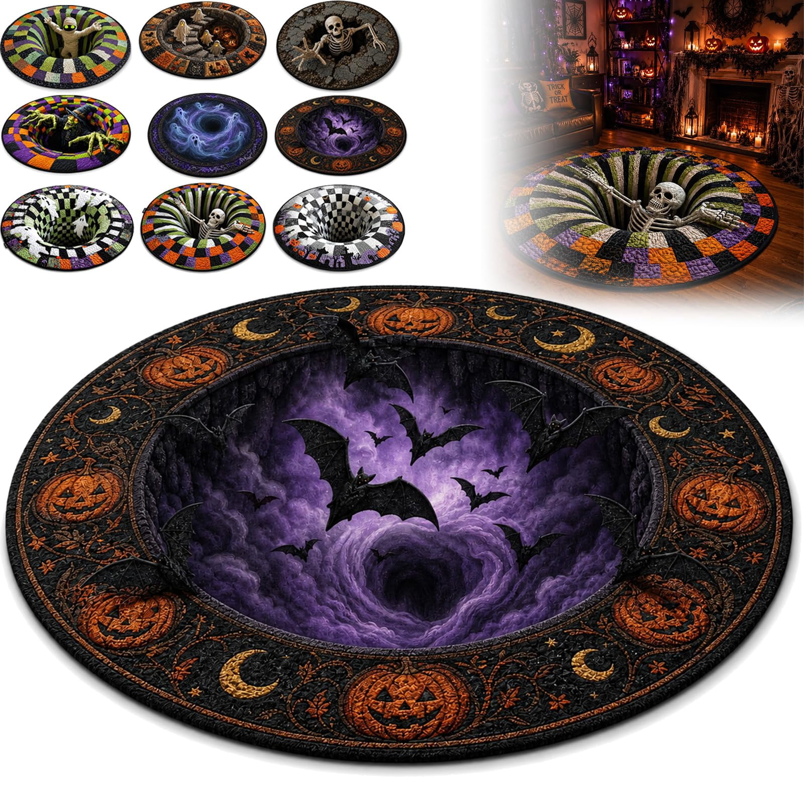 3D Skeleton Vortex Halloween Rug, Round Optical Illusion Area Rug with ...