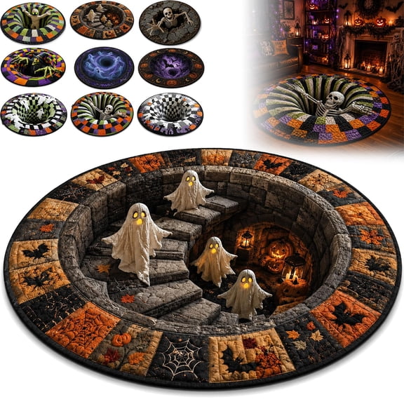 3D Skeleton Vortex Halloween Rug, Round Optical Illusion Area Rug with Non-Slip Backing for Indoor Decor
