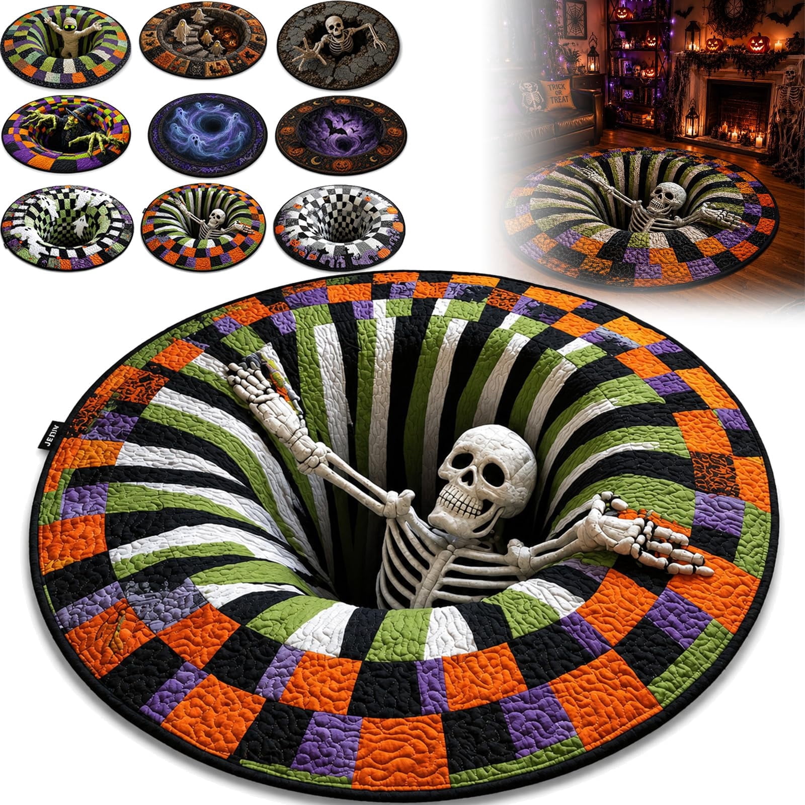 3D Skeleton Vortex Halloween Rug, Round Optical Illusion Area Rug with ...