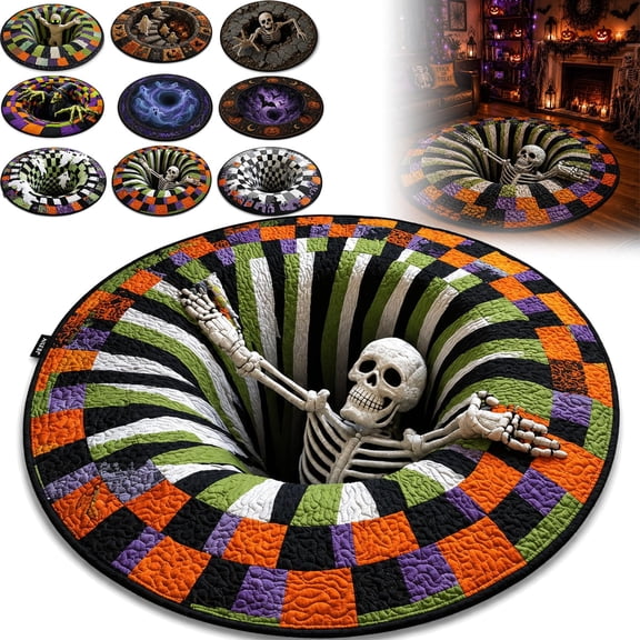 3D Skeleton Vortex Halloween Rug, Round Optical Illusion Area Rug with Non-Slip Backing