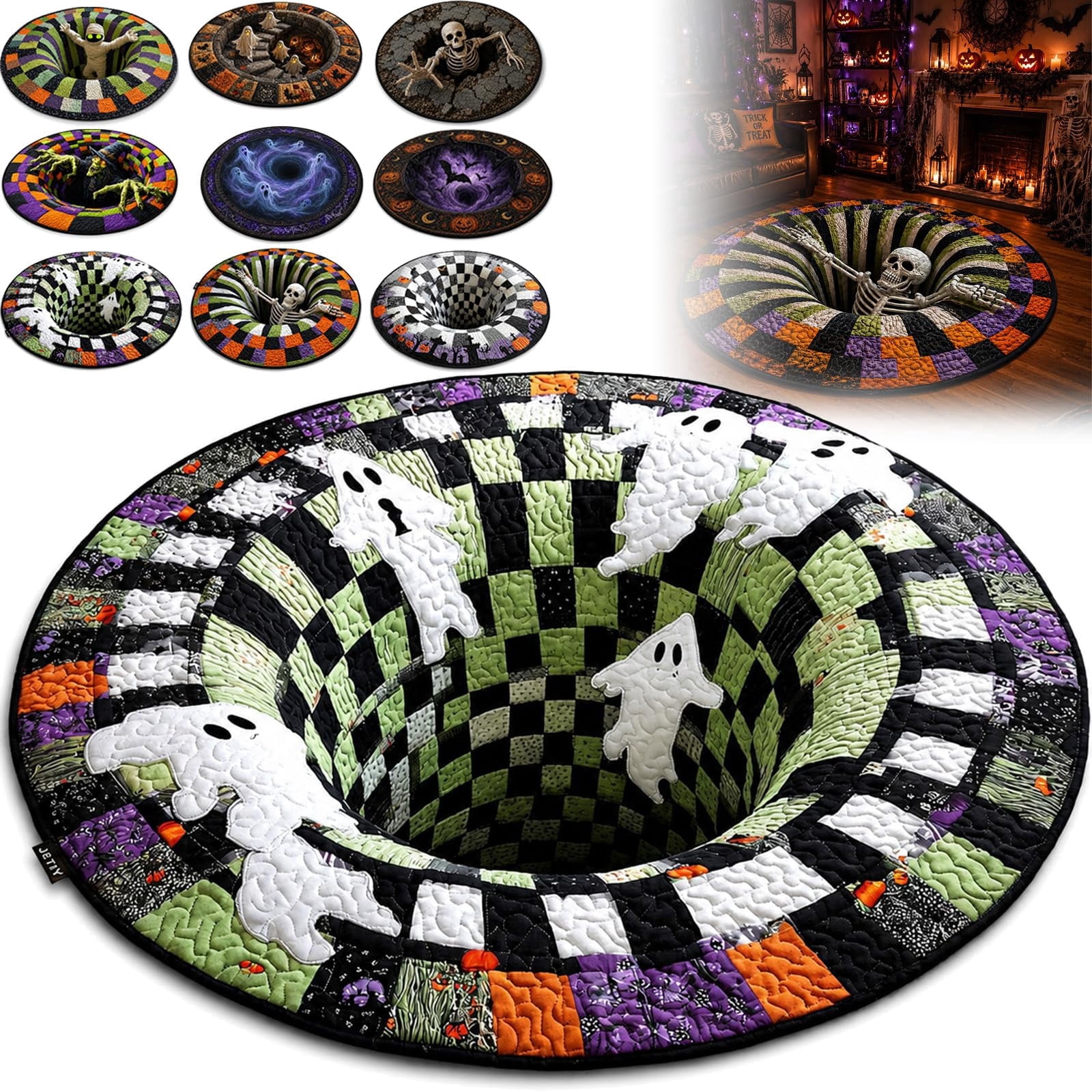 3D Skeleton Vortex Halloween Rug, Round Optical Illusion Area Rug with ...
