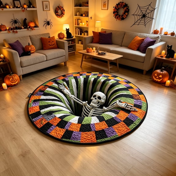 3D Skeleton Vortex Illusion Halloween Rug, Quilted Round Mat, Non-Slip, Spooky Floor Decor (A, 23.6X23.6IN)