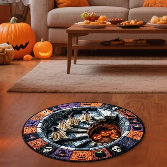 3D Skeleton Vortex Quilted Round Halloween Rug, Deep Vortex Optical Illusion Rug, Non‑Slip, for Halloween Indoor Home Room Floor Decor