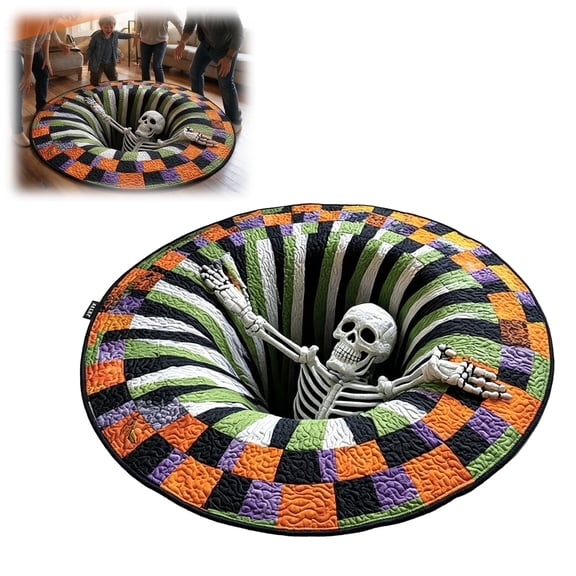 3D Skeleton Vortex Quilted Round Halloween Rugs, Optical Illusion with Depth Pattern, Non-Slip Soft Fabric Mat 23.6X23.6IN