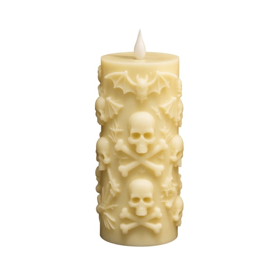 3D Skull & Bat Flameless Halloween Candle Lamp - Spooky LED Pillar Light with Faux Resin Embossing - Gothic Tabletop Centerpiece & Ambient Night Light for Macabre Bedroom Decor