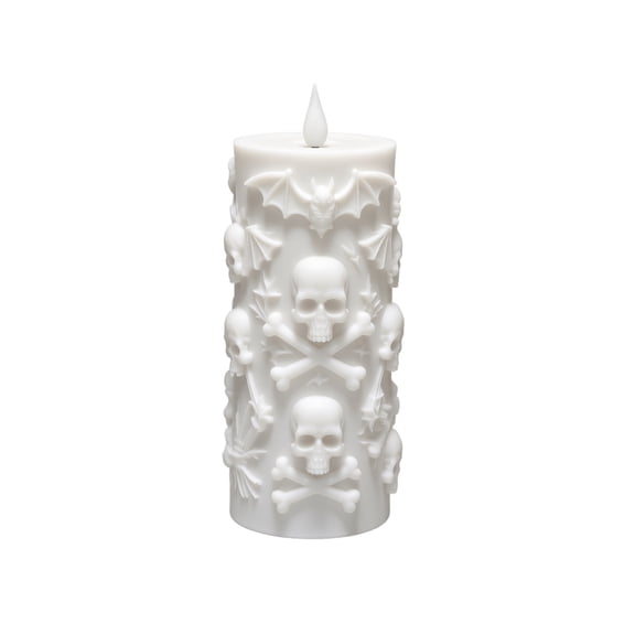 3D Skull & Bat Flameless Halloween Candle Lamp - Spooky LED Pillar Light with Faux Resin Embossing - Gothic Tabletop Centerpiece & Ambient Night Light for Macabre Bedroom Decor