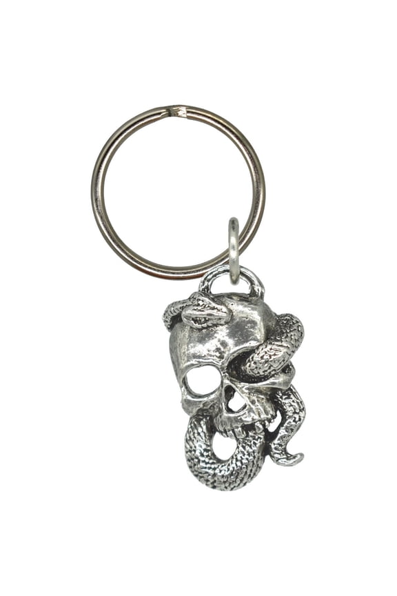 3D Skull With Snake Keychain, G136KC, 1 1/4 inch, Death, Metal, Pewter, Key Fob, Key Ring, Keys, Zipper Pull, Luggage Tag, Backpack, Over 300 Keychain Designs, Handmade in the USA, 100% American Made