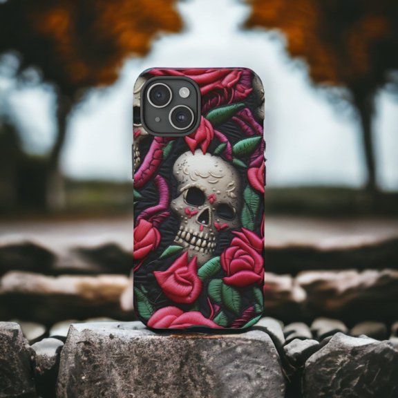3D Skull and Roses Print Tough Phone Case, Dual-Layer Protective Cover for iPhone