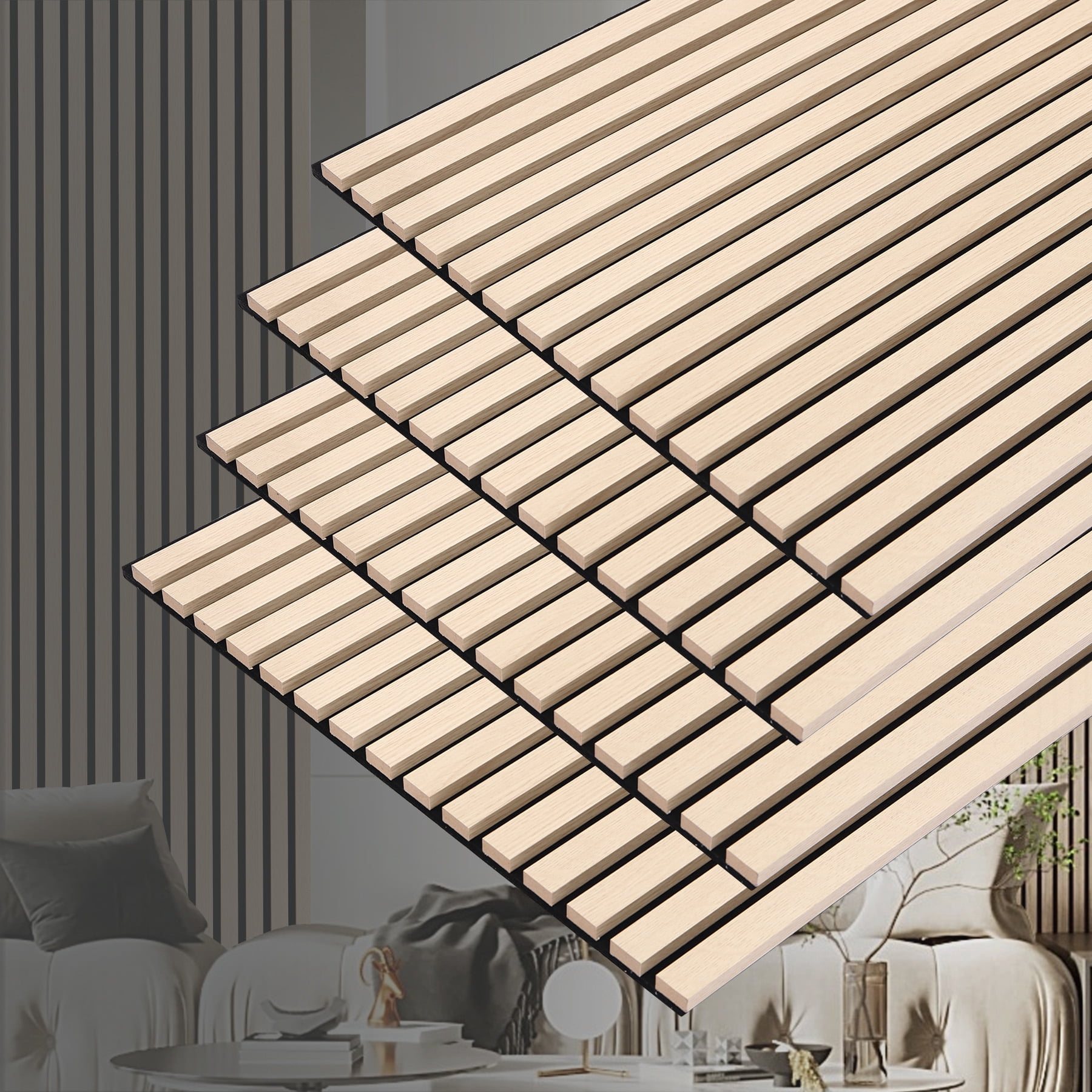 3D Slat Acoustic Wall Panels with Wood Finish Accent, 4 Pack Sound Absorbing Paneling for Studio, Office, Living Room, Bedroom Interior Decor (Natural Walnut, 48''L x 24''W)