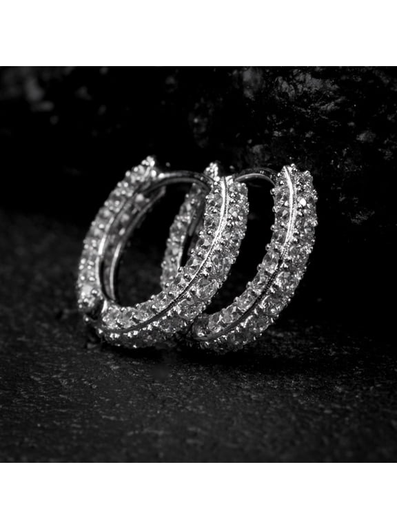Men's Women 3D Small Thin Hoops Unisex Hoops White Gold Plated 925 Sterling Silver Post Fully Iced Cz Skinny Cubic Zirconia Huggie Hoop Earrings