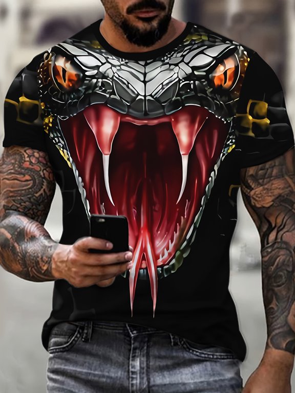 3D Snake Head Pattern Printed T-Shirt for Men- Soft Polyester Regular Fit Short Sleeve, Bright Orange Eyes and Sharp Teeth Design, Suitable for Summer Casual Wear, Travel and Daily Leisure,
