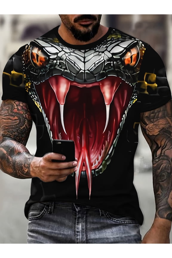 3D Snake Head Pattern Printed T-Shirt for Men- Soft Polyester Regular Fit Short Sleeve, Bright Orange Eyes and Sharp Teeth Design, Suitable for Summer Casual Wear, Travel and Daily Leisure,