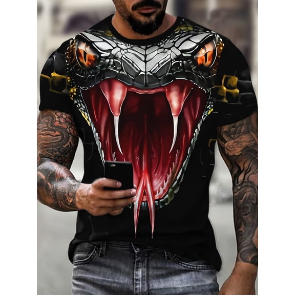 3D Snake Head Pattern Printed T-Shirt for Men- Soft Polyester Regular Fit Short Sleeve, Bright Orange Eyes and Sharp Teeth Design, Suitable for Summer Casual Wear, Travel and Daily Leisure,