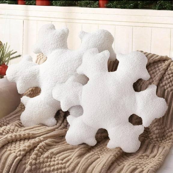 3D Snowflake Christmas Decorative Throw Pillows,15.7in Cute Winter Faux Fur Plush Pillow Set, White Christmas Living Room Bedroom Nursery Decor Set of 2
