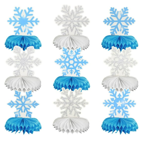 3D Snowflake Desktop Decorations, Ongmies 9 X Snowflake Honeycomb Table Centerpieces Winter Table Centerpieces White Blue Table Decorations for Christmas Holidays Winter Birthday, Blue