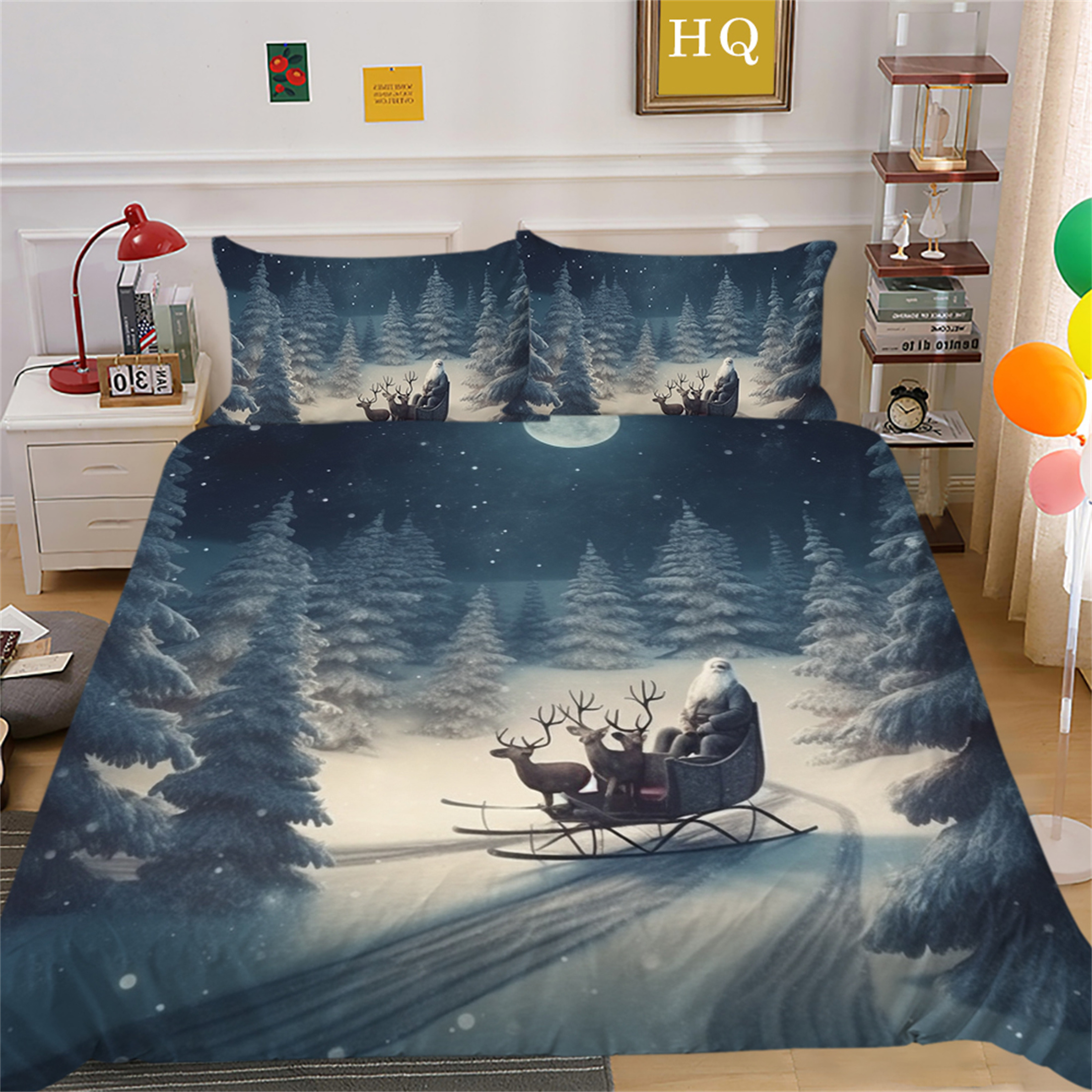 3D Snowscape Duvet Cover Piloowcase Christmas Santa Claus Elk