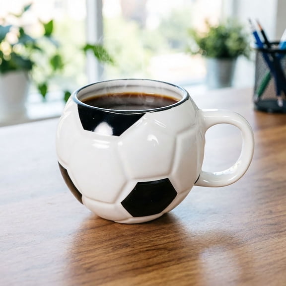 3D Soccer Ball Shaped Ceramic Coffee Mug Sports Themed Drinking Cup for Football Fans Coaches Birthday Holiday Gift(Football-12oz)