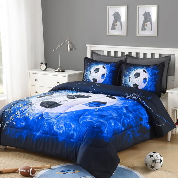 3D Soccer Comforter Full Set for Kids Boys Teens - Soft Microfiber Bedding with 2 Pillowcases