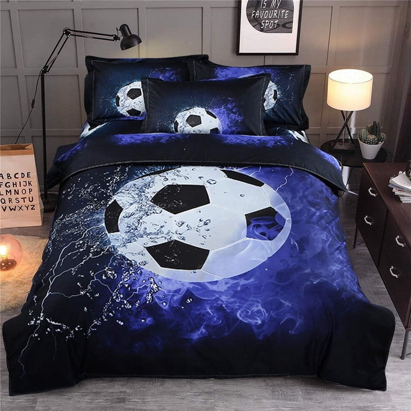 3D Soccer Duvet Cover Set Twin Size - Vibrant Blue Flame Football Design, Soft Microfiber Bedding for Kids & Teens, Includes 1 Duvet Cover + 2 Pillowcases (Full/Queen Also Available)