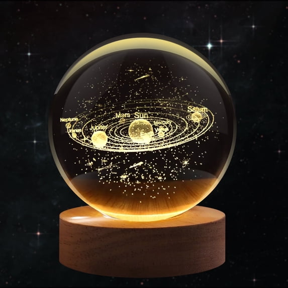 3D Solar System Crystal Ball Night Light - LED Light Hologram Glass Lamp w/ Solid Wood Base, USB Powered Crystal Ball Lamp w/ Adjustable Brightness for Home Decor Display Gift, 3.15 inch/80mm