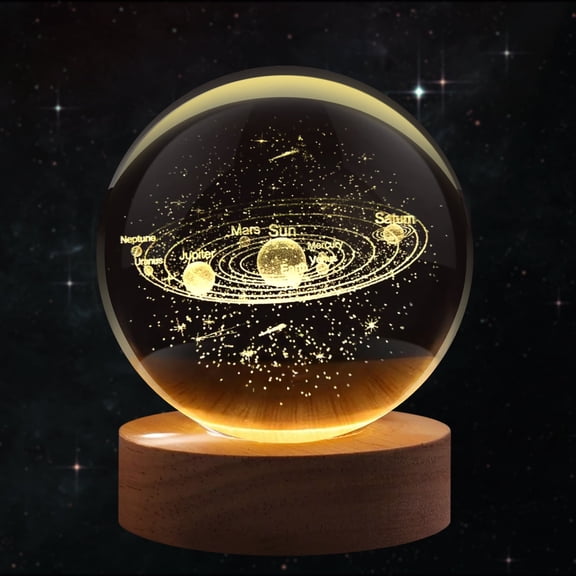 3D Solar System Crystal Ball Night Light - LED Light Hologram Glass Lamp w/ Solid Wood Base, USB Powered Crystal Ball Lamp w/ Adjustable Brightness for Home Decor Display Gift, 3.15 inch/80mm