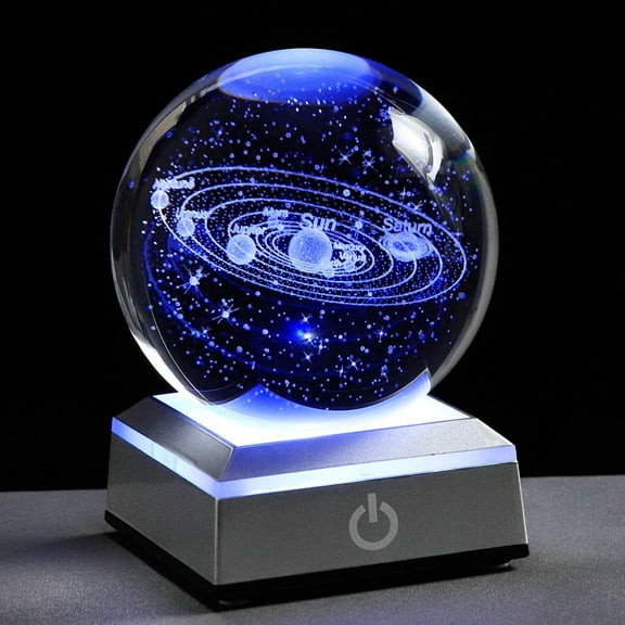 3D Solar System Crystal Ball with LED Light Base, Solar System Astronomy Decor