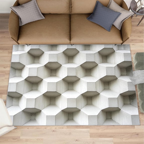 3D Solid Geometry Area Rug, Modern Minimalist Hexagon Washable Area Rugs for Living Room, White Polygon Carpet, Abstract Geometry Area Rugs for Bedroom, Home Decor-2' x 3'