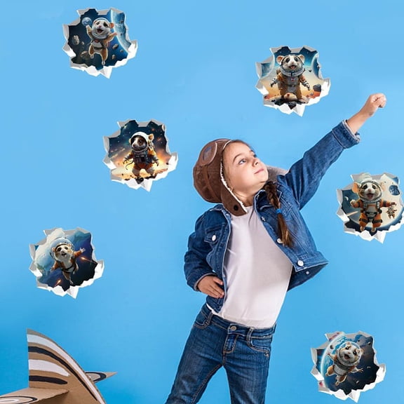 3D Space Wall Decals 6 pcs Space Rat Wall Sticker Funny Cracked Rat Wall Decal Nursery Wall Sticker Peel and Stick PVC Decals for Toddler Room Kids Room Playroom Wall Decor Plastic