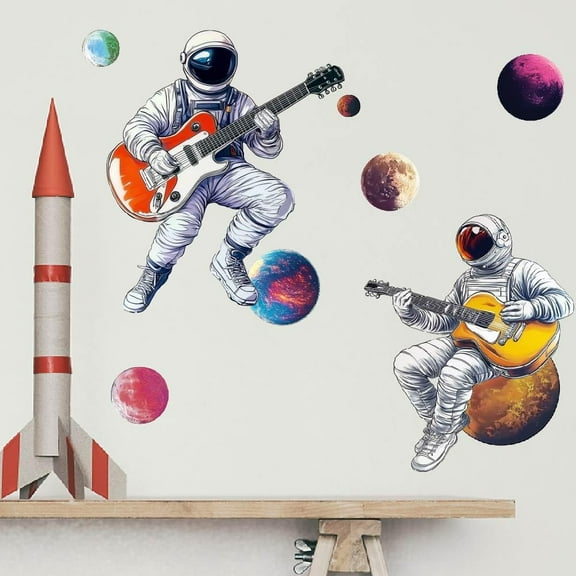 3D Space Wall Stickers Music Theme Wall Decal Astronaut Guitar Decals Stickers for Walls Planets Vinyl Art Sticker for Boy's Bedroom Living Room Nursery Space Fan for DIY