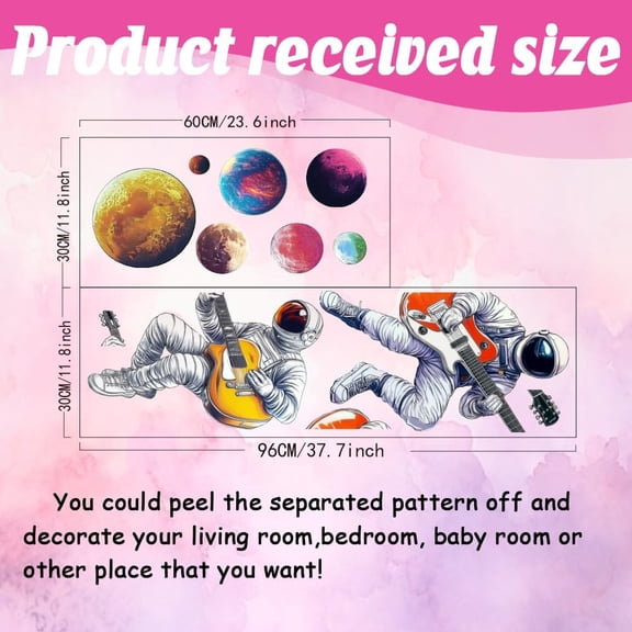 3D Space Wall Stickers Music Theme Wall Decal Astronaut Guitar Decals Stickers for Walls Planets Vinyl Art Sticker for Boy's Bedroom Living Room Nursery Space Fan