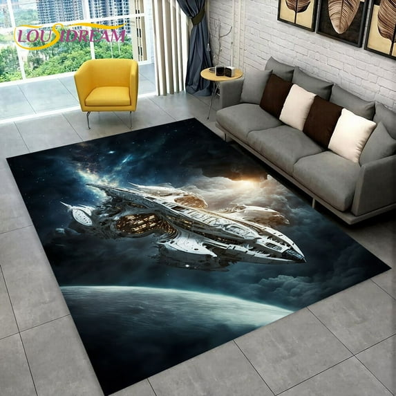 3D Spaceship Spacecraft UFO Cartoon Carpet Rug for Home Living Room Bedroom Sofa Doormat r kids Area Rug Non-slip Floor Mat