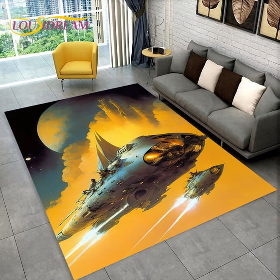 3D Spaceship Spacecraft UFO Cartoon Carpet Rug for Home Living Room Bedroom Sofa Doormat r kids Area Rug Non-slip Floor Mat