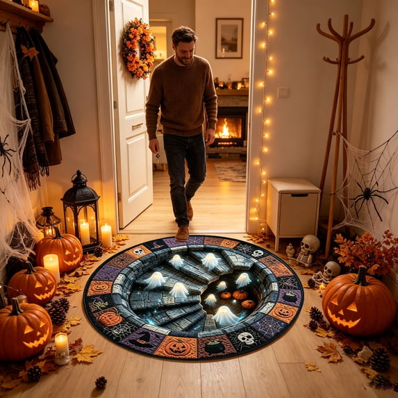 3D Spiral Cat Optical Illusion Round Rug With Moon And Star Border Halloween Floor Mat For Living Room Decor 31.5 Inch