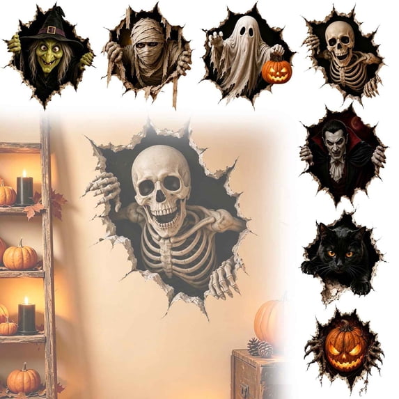 3D Spooky Ghost Wall Decal, Scary Halloween Figure Emerging from Torn Wall, Waterproof PVC Sticker for Bedroom and Party Decor, Ghost, 1 Pack