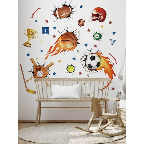 3D Sports Balls Wall Decals Basketball Football Soccer Tennis Wall Stickers Boys Bedroom Kids Room Playroom Wall Decor